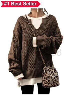 👚 Cable Knit V Neck Long Sleeve Loose Pullover Sweater